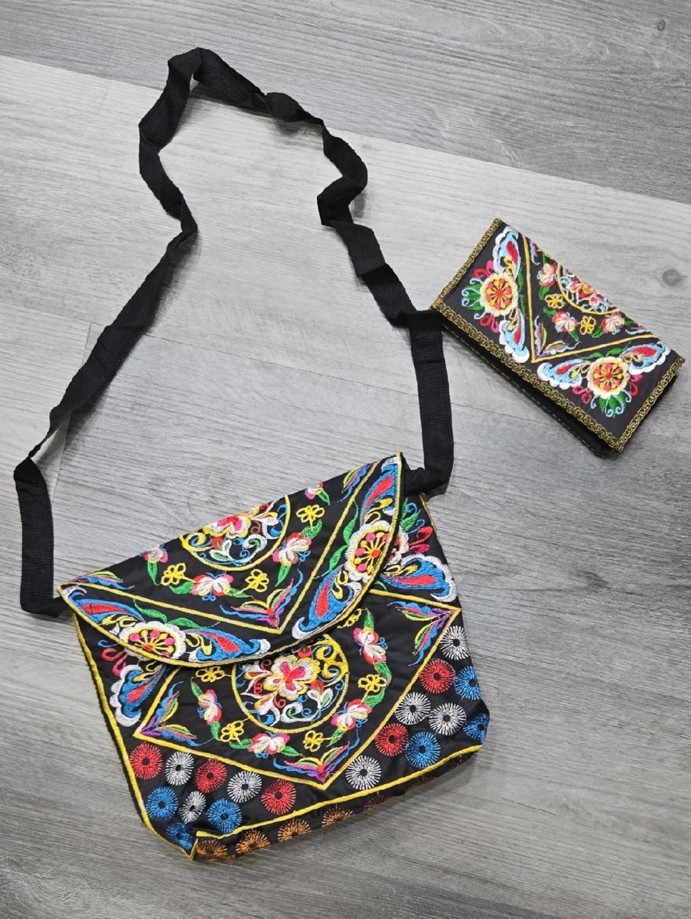 Bohemian Embroidered Crossbody Bag in Black And Wallet
